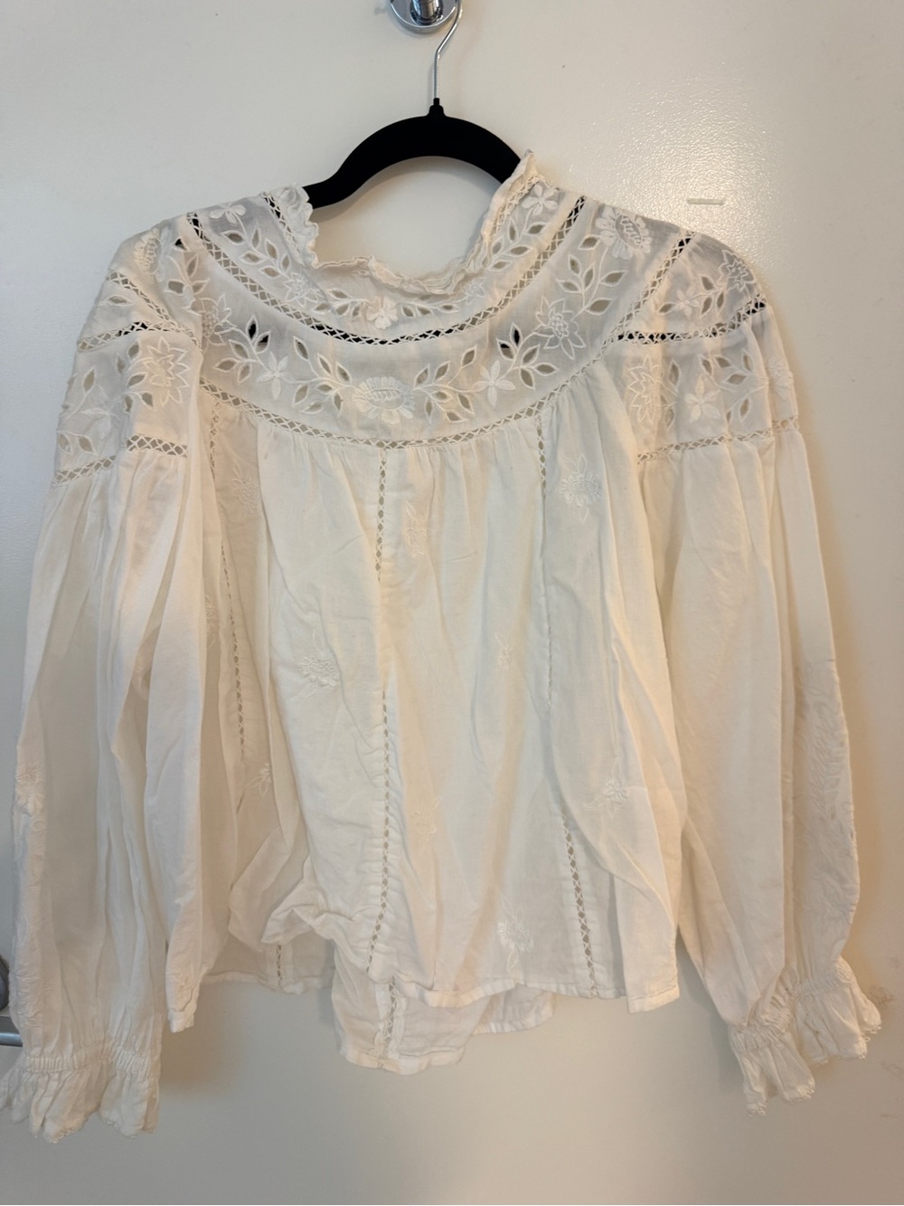 Anthropologie White Embroidered Eyelet Boho Blouse Size Large